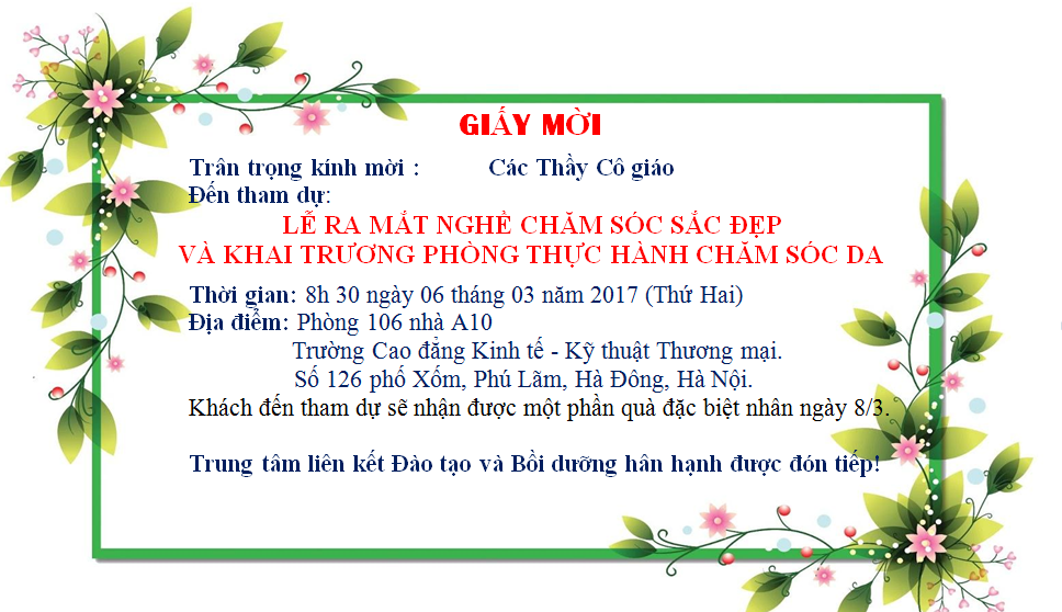 Giấy mời tham dự lễ ra mắt nghề chăm sóc sắc đẹp